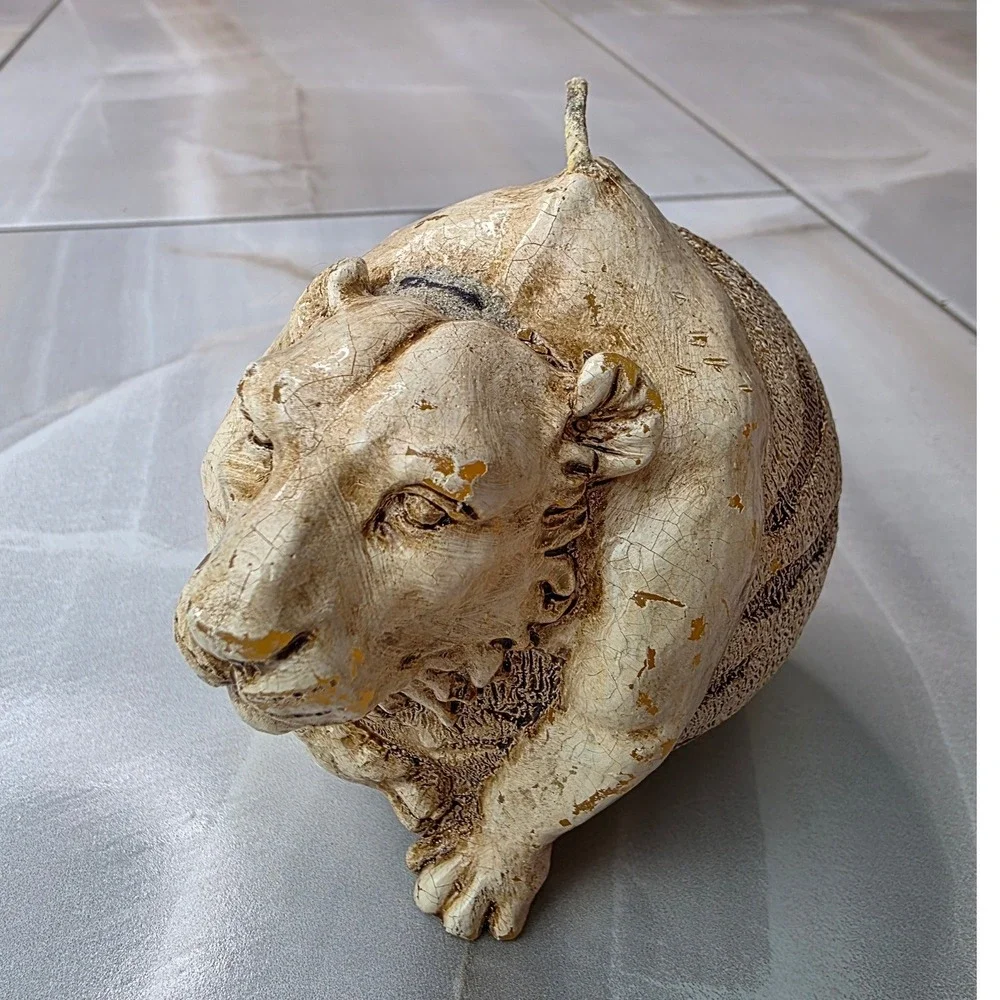 Vintage Sculpted Tiger Head Sphere Candle Cream Tan Textured Safari Decor P4‎